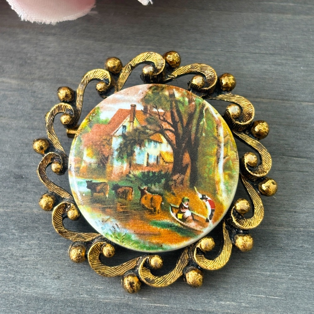 Vintage Brooch with Dutch Countryside Scene
